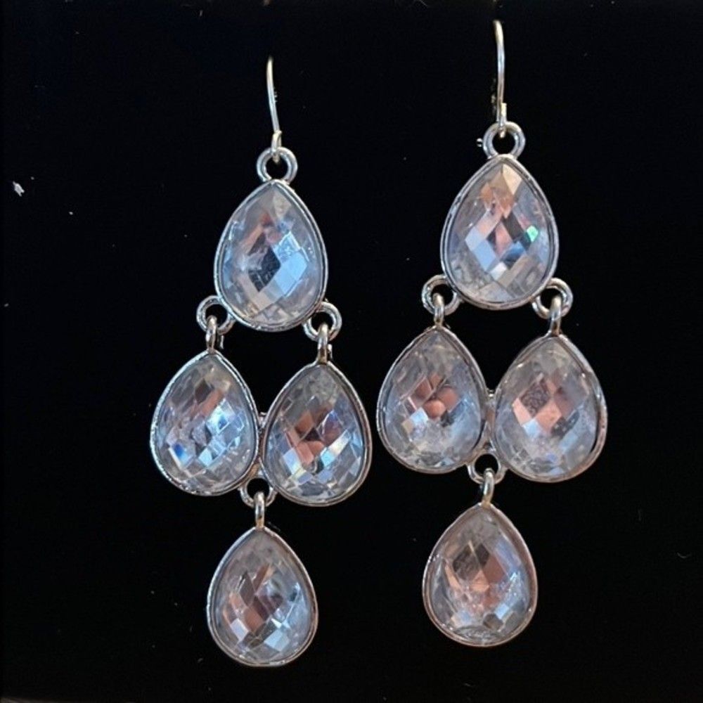Handcrafted silver tone dangle earrings with clear stones